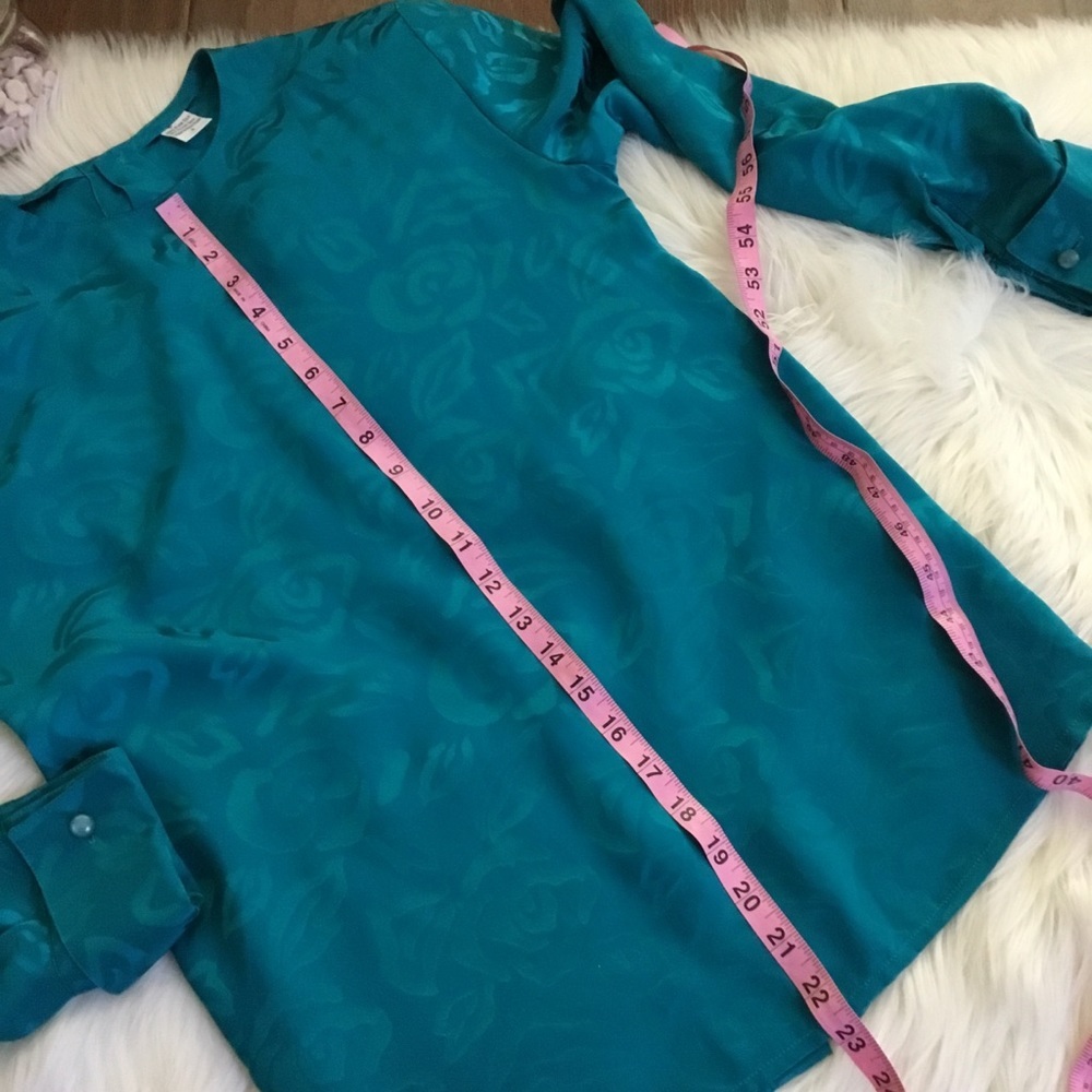 Vintage Turquoise Floral 100% Pure Silk Long Sleeve Top Size 4 - Picture 7 of 9